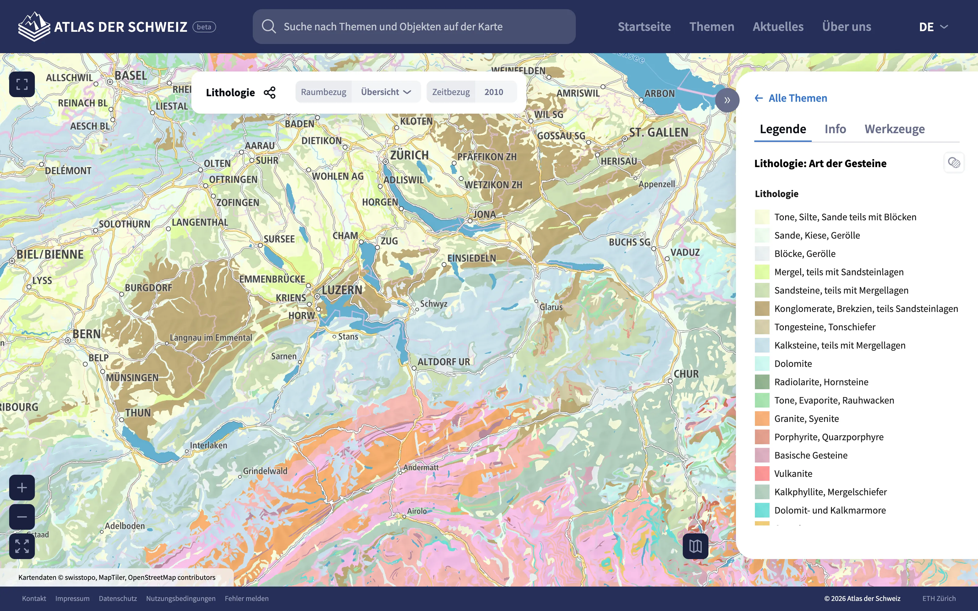 The web version of the Atlas of Switzerland, showing a map of the rock types of northern and central Switzerland with its legend beside it.