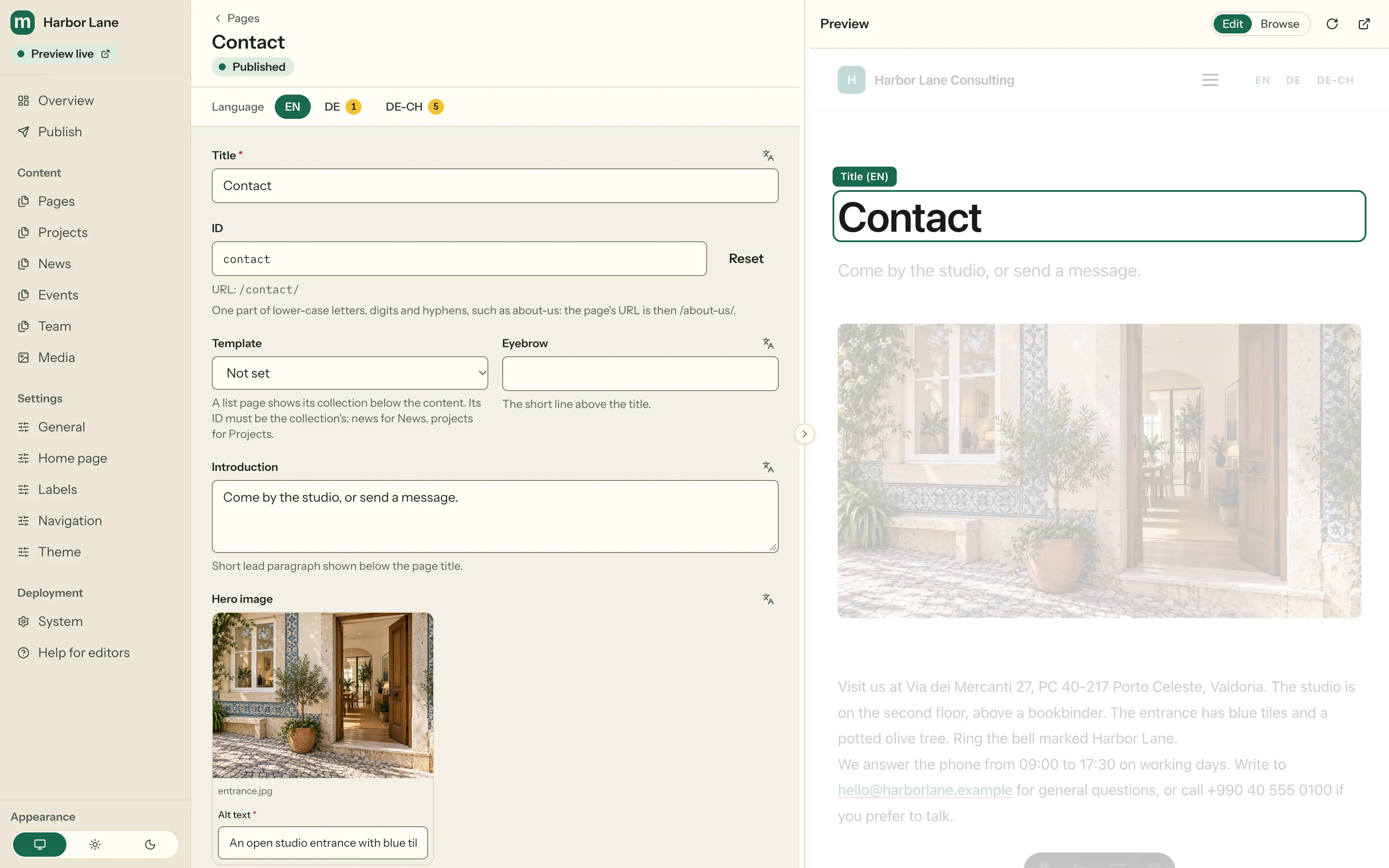 The Mica editor, with the form for a contact page on the left and its live preview on the right.